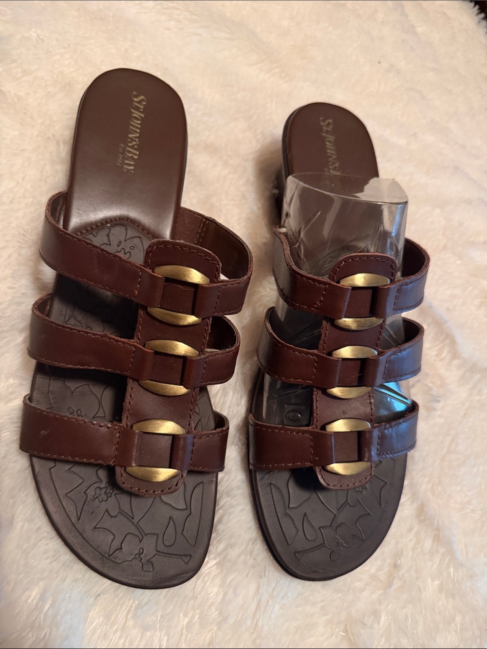 St. John’s Bay Chandler Brown Triple-Strap Slide Sandals with Gold Accents